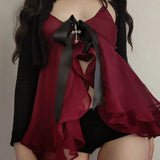 Spice Girl Style Lotus Leaf Edge V-Collar Low-Cut Elegant Net Hanging Neck Bright Red Halter Top 2024-Outfit