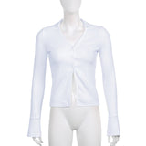 White Solid V Neck Ribbed Shirts Female Button Up Slim Casual Tops And Blouses V Neck Long Sleeve Basic Autumn
