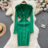 Winter Ruffles Design Knitted Dress V Neck Button Sheath Sweater Dress Fashion Long Sleeve Solid Midi Long