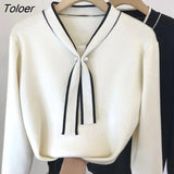 Winter Casual Bow Tie Knitted Women Sweater Tops Elegant Office Lady Loose Slim V Neck Long Sleeve Warm Solid
