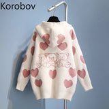 2021 New Korean Kawaii Cartoon Knitted Cardigan Harajuku Love Hooded Coat Cardigan Preppy Style Japanese Women
