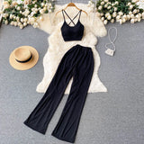 Knitted Pocket Women Sport Sets Backless Strapless Camisole+ Summer Elastic Waist Wide Leg Pants Fashion Two Piece