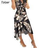 Dresses Woman 2022 Boho V-neck Waist Tight Sleeveless Lace-Up Irregular Ruffle Hem Floral Print Midi Dress