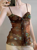 New Y2K Retro Print Bumpy Hottie Sexy Mesh Splicing Ribbon Low Chest Small Sling