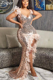 Feather Sequin Backless Maxi Dress Party Elegant Luxury Evening Dresses 2023 Going Out Womens Sexy Clothing