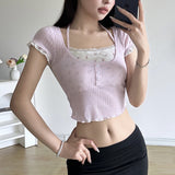 And Spicy Girls Pure Desire Lace Splicing Fake Two Neck Tops Girls French Maiden Ear Knitted Short-Sleeved T-Shirts-Outfit