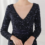 Winter Elegant Deep V Neck Long Sleeve Slit Cocktail Eevening