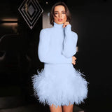 Turtleneck Knit Sweater Dress Women 2022 Winter Long Sleeve Turtleneck Knit Stitching Feather Dress Bodycon