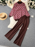 Winter Retro Casual Sweater Sets Women Rhombus Print Knitwear+Elastic Waist Long Wide Leg Pants Fashion Knit