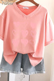 100% Cotton L-6XL T Shirt Plus Size Tshirt Short Sleeve Women Top Summer Heart Print Sweet V Neck Oversized T