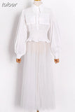 Plain Dress For Women Lapel Lantern Sleeve Patchwork Mesh High Waist Pocket Temperament Long Dresses Female 2023