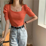 T Shirts Women Summer 2022 Solid Square Collar Short Puff Sleeve Female Tops Loose Casual Cotton Ladies