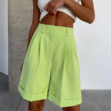 High Waisted Wide Leg Shorts Women Pocket Pleated 2022 Summer Casual Shorts Solid Straight Ladies Green Wide