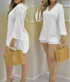 Summer Casaul Women Home Wear Solid Suit Sets Long Sleeve Plain Bell Sleeve V-Neck Top & Pants
