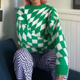 Argyle Plaid Vintage Knitted Sweater Women Autumn Winter Casual Long Sleeve Pullover Jumpers Fashion Y2K