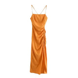 Women Chic Fashion Side Adjustable Drawstring Draped Midi Dress Vintage Backless Side Zipper Straps Female