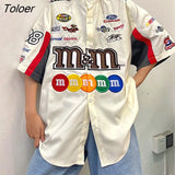 Quality Funny Beans Embroidery Button Up Shirt Cool Hip Hop Streetwear Oversized Short Sleeve Tee Harajuku Kawaii