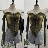 Sexy Tset Blouse Irregular Cowboy Splicing Mesh Yarn Tie With Short T-Shirt
