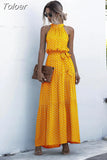 Long Dress Women Polka Dot Casual Beach Dresses Black Halter Strapless Yellow Sundress Vacation Dress Clothes For Women 425-0-Outfit