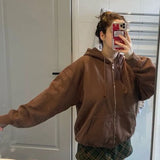 2022 Brown Zip Up Hoodie Sweatshirt Winter Jacket Clothes Oversize Hoodies Women Plus Size Vintage Pockets Long Sleeve