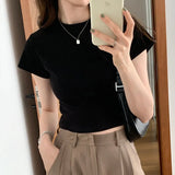 Splicing Design Feel Bottom Shirt Spring And Autumn New Loose High Waist Thin Short-Sleeved T-Shirt Blouse-Outfit