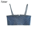Women Sexy Hot Drilling Denim Short Sling Blouse Female Back Buckle Strap Blusas Chic Crop Tops