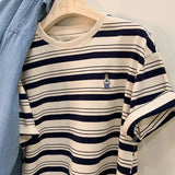 Striped Short-Sleeved Embroidered T-Shirt Women's Summer New Design Chic Loose Leisure All-Purpose Commuter Shirt-Outfit
