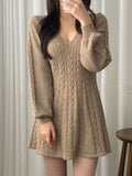 Color Cute V-Neck Cable Knit Long Sleeve Mini