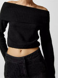 Women Spring Fall Knitted Sweaters Tops Solid Color Long Sleeve Off Shoulder Slash Neck Ribbed Slim Knitwear Jumpers-Outfit