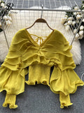 Ruffles Slim Chiffon Long Blouse Fashion V Neck Chic Long Sleeve Elastic Waist 2022 Autumn French Streetwear Solid