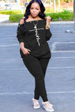 Print Slash Shoulder Shirt and Pants Casual 2 Piece