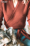 Winter Knitted Sweater Women V-neck Slim Pullovers Sweater Ladies Wrap Sweaters Female Casual Sweater