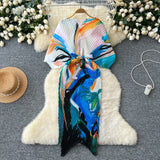 High-End Dress Women Design Feel Strapped Waist Bat Sleeve Pressure Fold Printing Irregular Dress