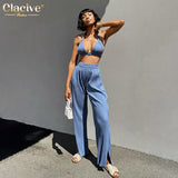 Sexy Crop Top Set Woman 2 Piece Summer Bodycon Blue Pleated Pants Set Female Fashion Slim High Waist Slit Trouser