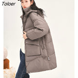 Women Thick Down Jacket 2022 Winter Stand Collar Duck Down Warm Windproof Coat with Hat Pocket Coffee Casual