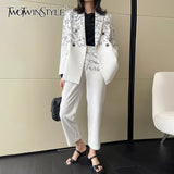 Casual Print Trouser Suits Notched Long Sleeve Korean Blazers High Waist Straight Pants Loose Women's Suit 2021
