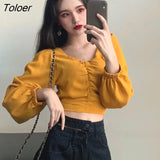Women Puff Long Sleeve V-neck Chic Sexy Crop Tops Solid Streetwear V-neck Womens Shirt Pleated Elegant Blouses Retro