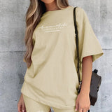 Letter Print Casual Women Suit Short Sleeve Oversized TShirt Elastic Slim Shorts Fashion Sreetwear Suit Two Pieces
