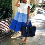 Patchwork Hit Color Dress Women O Neck Half Sleeve Oversize Casual Midi Dresses Female Summer