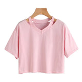 Toloer Wind Open Shoulder Hollow Out Sexy Solid Color T-Shirt V Collar Women's Short-Sleeved Loose Female