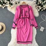 Women Fashion Knitted Two Piece Suits Long Sleeve Cardigan+Pocket Sheath Dress Suits Autumn Korean Solid Sweater