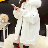 Plus Velvet Hooded Jackets Women Loose Korean Fashion All-match Solid Color Fur Collar Cardigan Hoodies Fall