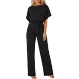 Women Casual Straight Leg Jumpsuit With Belt Female Short Sleeve High Waist Solid Long Playsuit Romper §ܧà§ާҧڧߧ֧٧à§ß