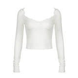 Temperament Lazy Feeling Ins Trend Small Bow Spliced V-Collar Bare Back Solid Color Long-Sleeved T-Shirt 2024 Style-Outfit