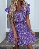 Summer Dress Floral Print Purple Ruffles Sleeve V-neck Dress High Waist Casual Style Mini