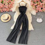 Summer Women Denim Romper Sexy Strapless Draped High Waist Jumpsuits Female Black/Blue Wide Leg Spaghetti Strap Rompers