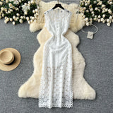 Light Luxury High-End Sleeveless Dress Female Summer Mesh Yarn Hollow Hook Open Fork Design Long