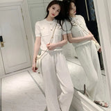 Summer Sweet Women's Pants Set Casual Stripe Elegant Fashion Short Sleeve Knit Top T-shirt Loose Wide Leg Pants 2-piece