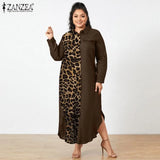ZANZEA Fashion Women Shirt Dress 2022 Spring Autumn Leopard Printed Patchwork Maxi Dresses Long Sleeve Loose Oversize Robe