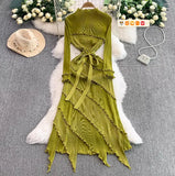 Retro Long-Sleeved Dress Dress Women Summer High-End Light Extravagant Folds To The Waist Wood Ear Long